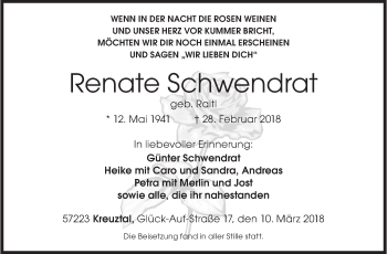 Traueranzeige von Renate Schwendrat von Siegener Zeitung