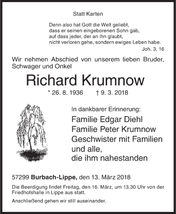 Traueranzeige von Richard Krumnow von Siegener Zeitung