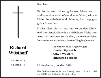 Traueranzeige von Richard Wüsthoff von Siegener Zeitung