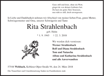 Traueranzeige von Rita Strahlenbach von Siegener Zeitung