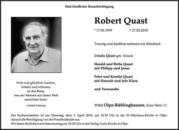 Traueranzeige von Robert Quast von Siegener Zeitung