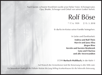 Traueranzeige von Rolf Böse von Siegener Zeitung