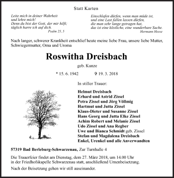 Traueranzeige von Roswitha Dreisbach von Siegener Zeitung