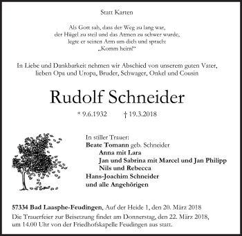 Traueranzeige von Rudolf Schneider von Siegener Zeitung
