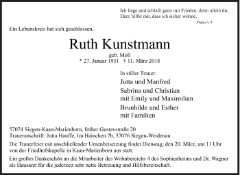 Traueranzeige von Ruth Kunstmann von Siegener Zeitung