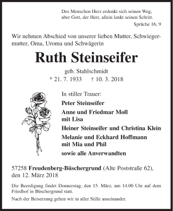 Traueranzeige von Ruth Steinseifer von Siegener Zeitung