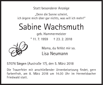 Traueranzeige von Sabine Wachsmuth von Siegener Zeitung
