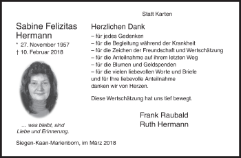 Traueranzeige von Sabine Felizitas Hermann von Siegener Zeitung