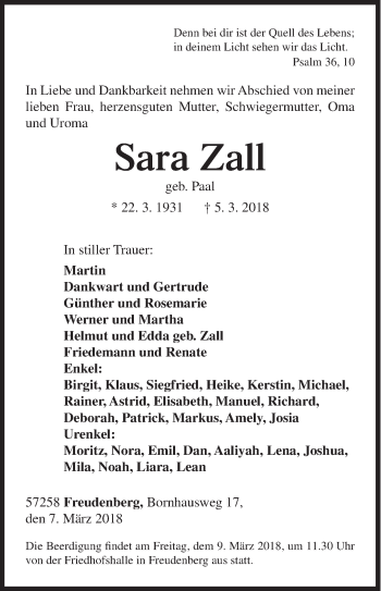 Traueranzeige von Sara Zall von Siegener Zeitung