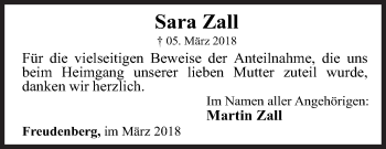 Traueranzeige von Sara Zall von Siegener Zeitung