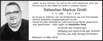 Traueranzeige von Sebastian Markus Groth von Siegener Zeitung