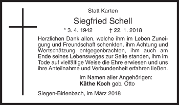 Traueranzeige von Siegfried Schell von Siegener Zeitung