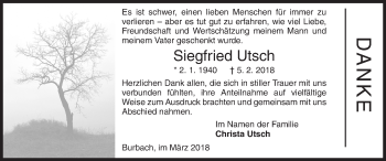 Traueranzeige von Siegfried Utsch von Siegener Zeitung