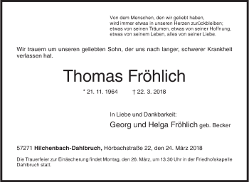 Traueranzeige von Thomas Fröhlich von Siegener Zeitung