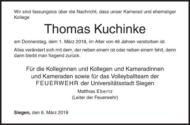  Traueranzeige für Thomas Kuchinke vom 06.03.2018 aus Siegener Zeitung
