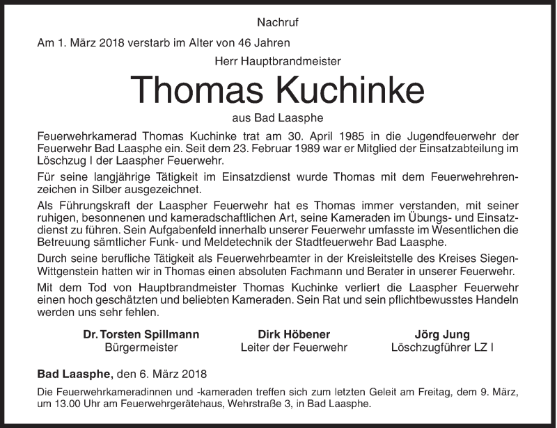  Traueranzeige für Thomas Kuchinke vom 06.03.2018 aus Siegener Zeitung