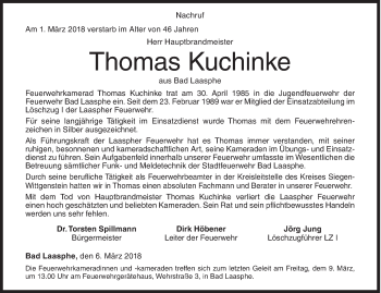 Traueranzeige von Thomas Kuchinke von Siegener Zeitung