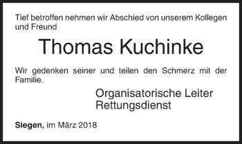 Traueranzeige von Thomas Kuchinke von Siegener Zeitung