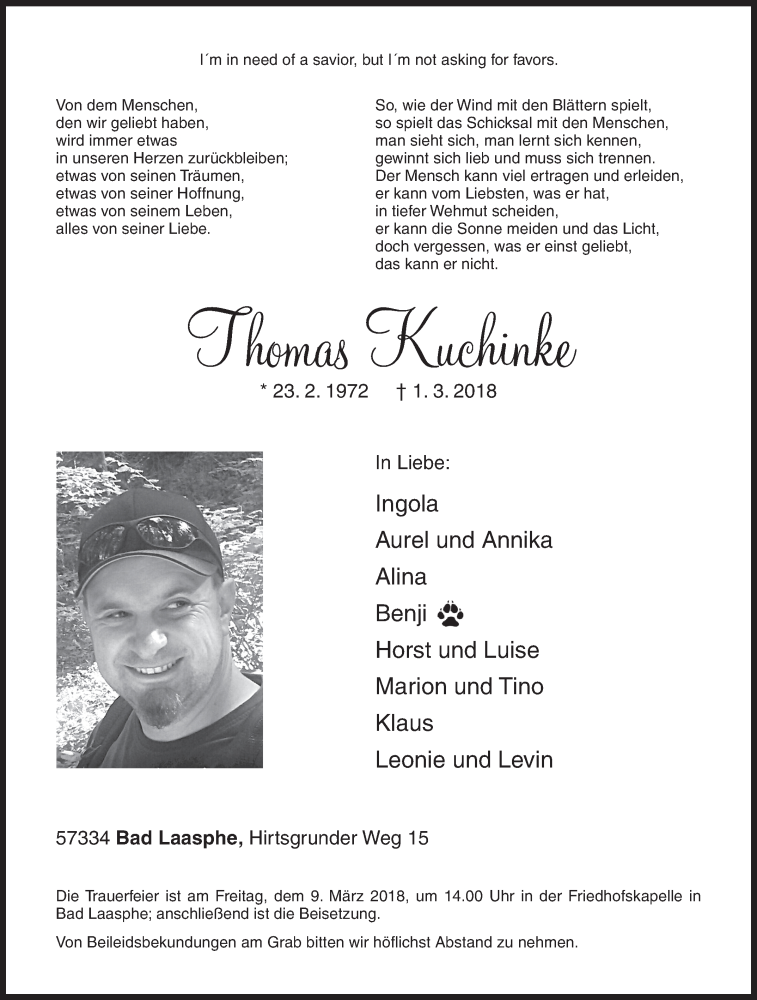  Traueranzeige für Thomas Kuchinke vom 06.03.2018 aus Siegener Zeitung