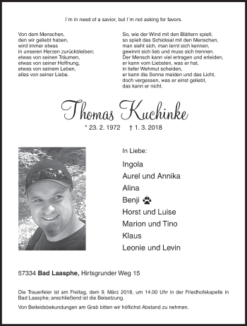Traueranzeige von Thomas Kuchinke von Siegener Zeitung
