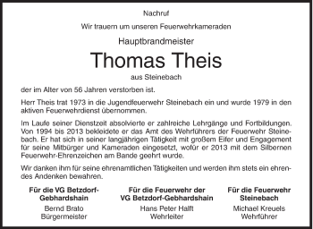Traueranzeige von Thomas Theis von Siegener Zeitung