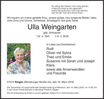 Traueranzeige von Ulla Weingarten von Siegener Zeitung