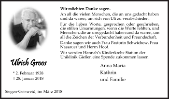 Traueranzeige von Ulrich Groos von Siegener Zeitung