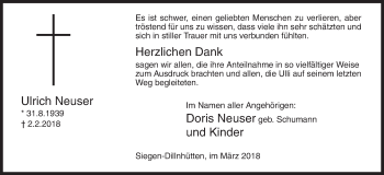 Traueranzeige von Ulrich Neuser von Siegener Zeitung