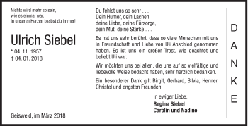 Traueranzeige von Ulrich Siebel von Siegener Zeitung