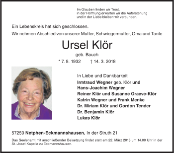 Traueranzeige von Ursel Klör von Siegener Zeitung