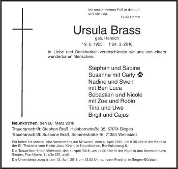 Traueranzeige von Ursula Brass von Siegener Zeitung