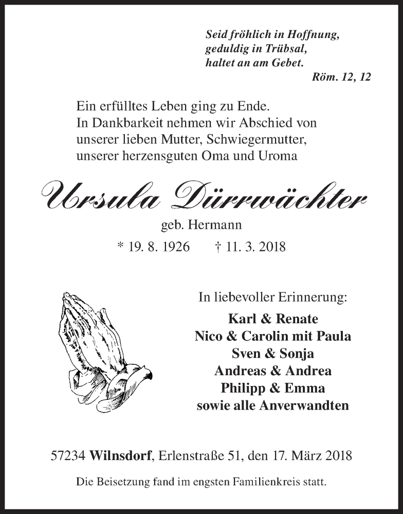  Traueranzeige für Ursula Dürrwächter vom 17.03.2018 aus Siegener Zeitung