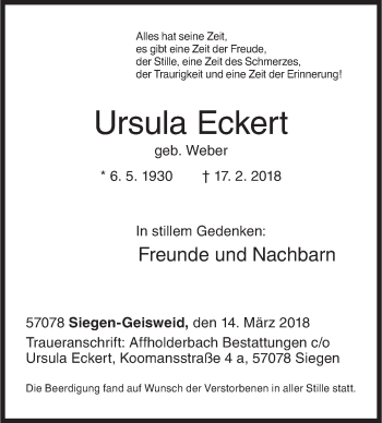 Traueranzeige von Ursula Eckert von Siegener Zeitung