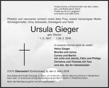 Traueranzeige von Ursula Gieger von Siegener Zeitung