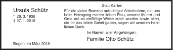 Traueranzeige von Ursula Schütz von Siegener Zeitung