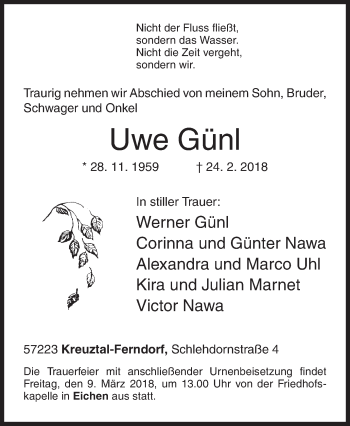 Traueranzeige von Uwe Günl von Siegener Zeitung