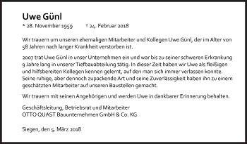 Traueranzeige von Uwe Günl von Siegener Zeitung