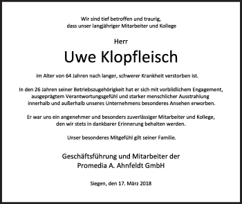 Traueranzeige von Uwe Klopfleisch von Siegener Zeitung