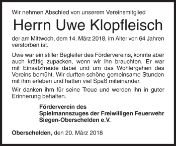 Traueranzeige von Uwe Klopfleisch von Siegener Zeitung
