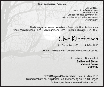Traueranzeige von Uwe Klopfleisch von Siegener Zeitung