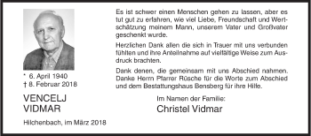 Traueranzeige von Vencelj Vidmar von Siegener Zeitung