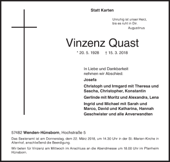 Traueranzeige von Vinzenz Quast von Siegener Zeitung