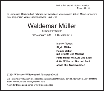 Traueranzeige von Waldemar Müller von Siegener Zeitung