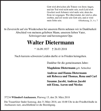 Traueranzeige von Walter Dietermann von Siegener Zeitung