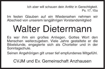 Traueranzeige von Walter Dietermann von Siegener Zeitung