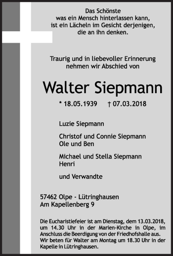 Traueranzeige von Walter Siepmann von Siegener Zeitung