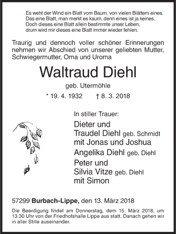 Traueranzeige von Waltraud Diehl von Siegener Zeitung