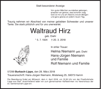 Traueranzeige von Waltraud Hirz von Siegener Zeitung