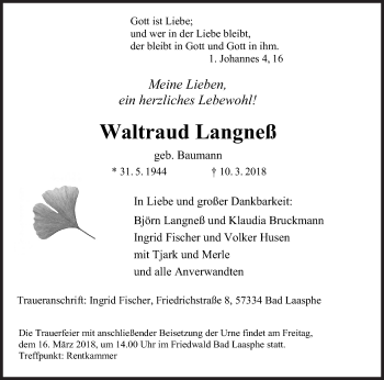 Traueranzeige von Waltraud Langneß von Siegener Zeitung
