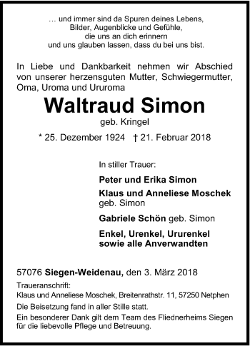 Traueranzeige von Waltraud Simon von Siegener Zeitung